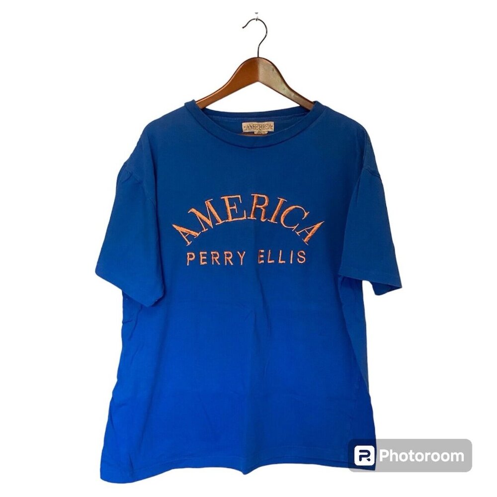 Perry Ellis America Blue S/S T-Shirt Men's Size XXL Orange Spell-out